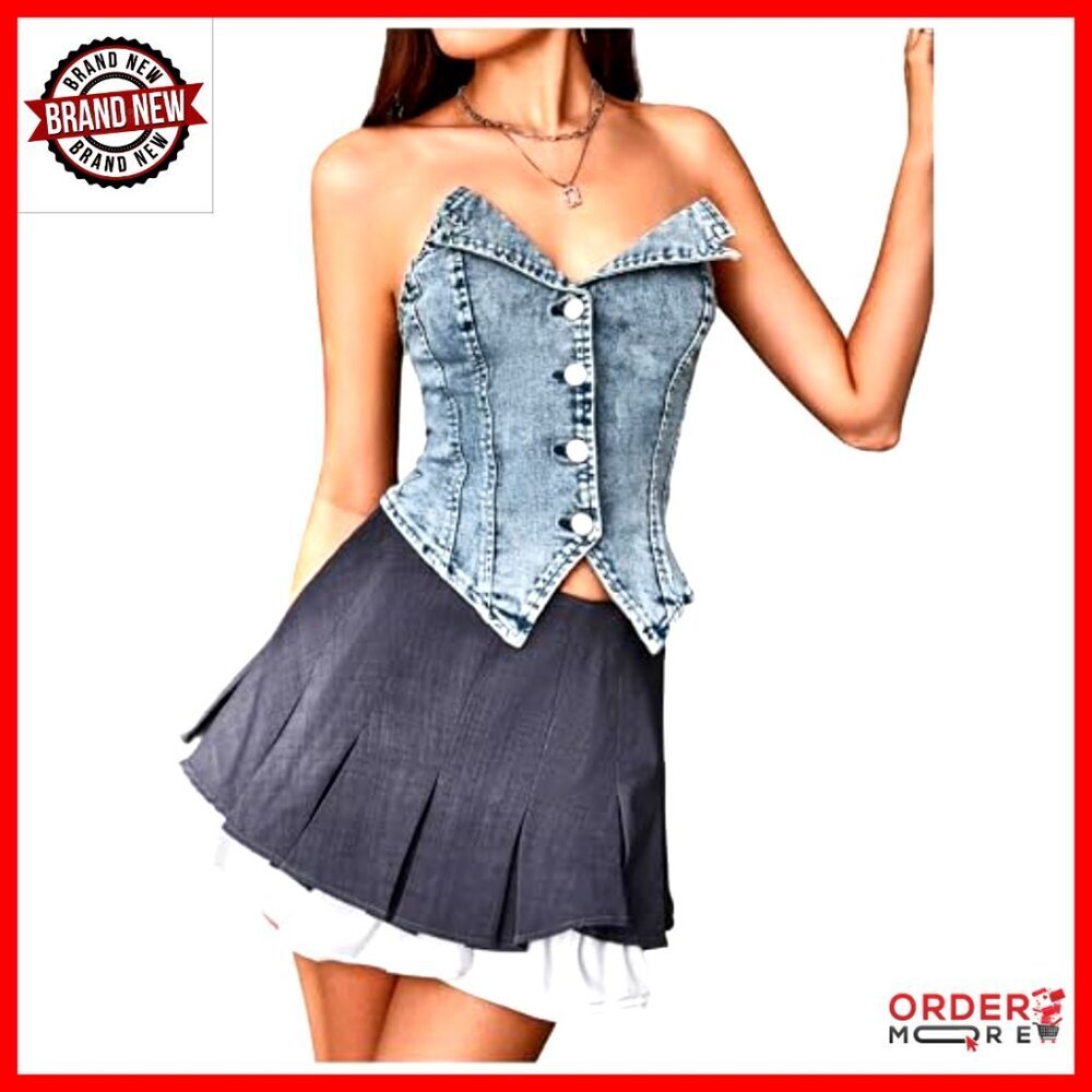 Denim Button Down Tube Top Y2K Asymmetrical Crop Sweetheart Neck Strapless - Picture 2 of 7